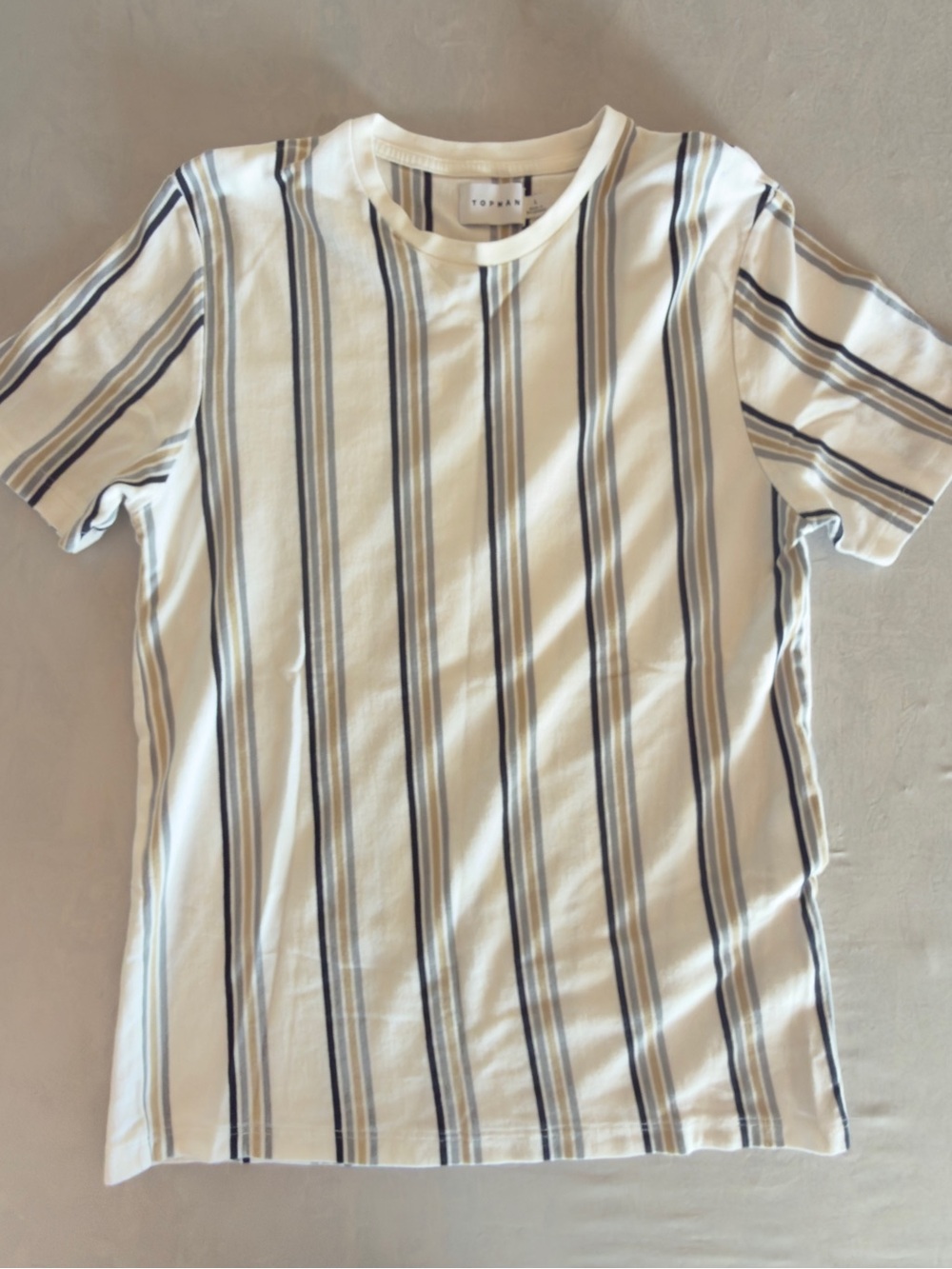 Topman Cream Tee with Navy and Gray Vertical Stripes